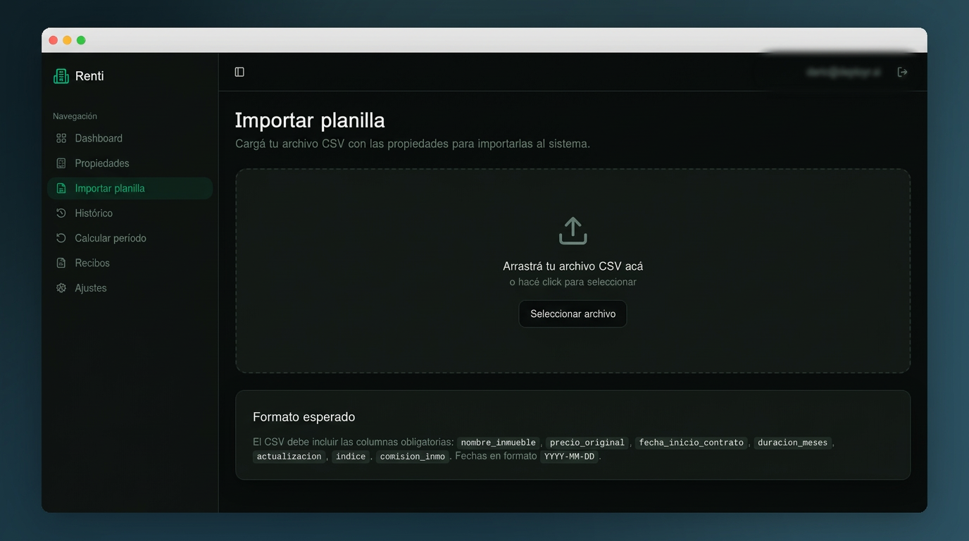Importación de planilla CSV en Renti