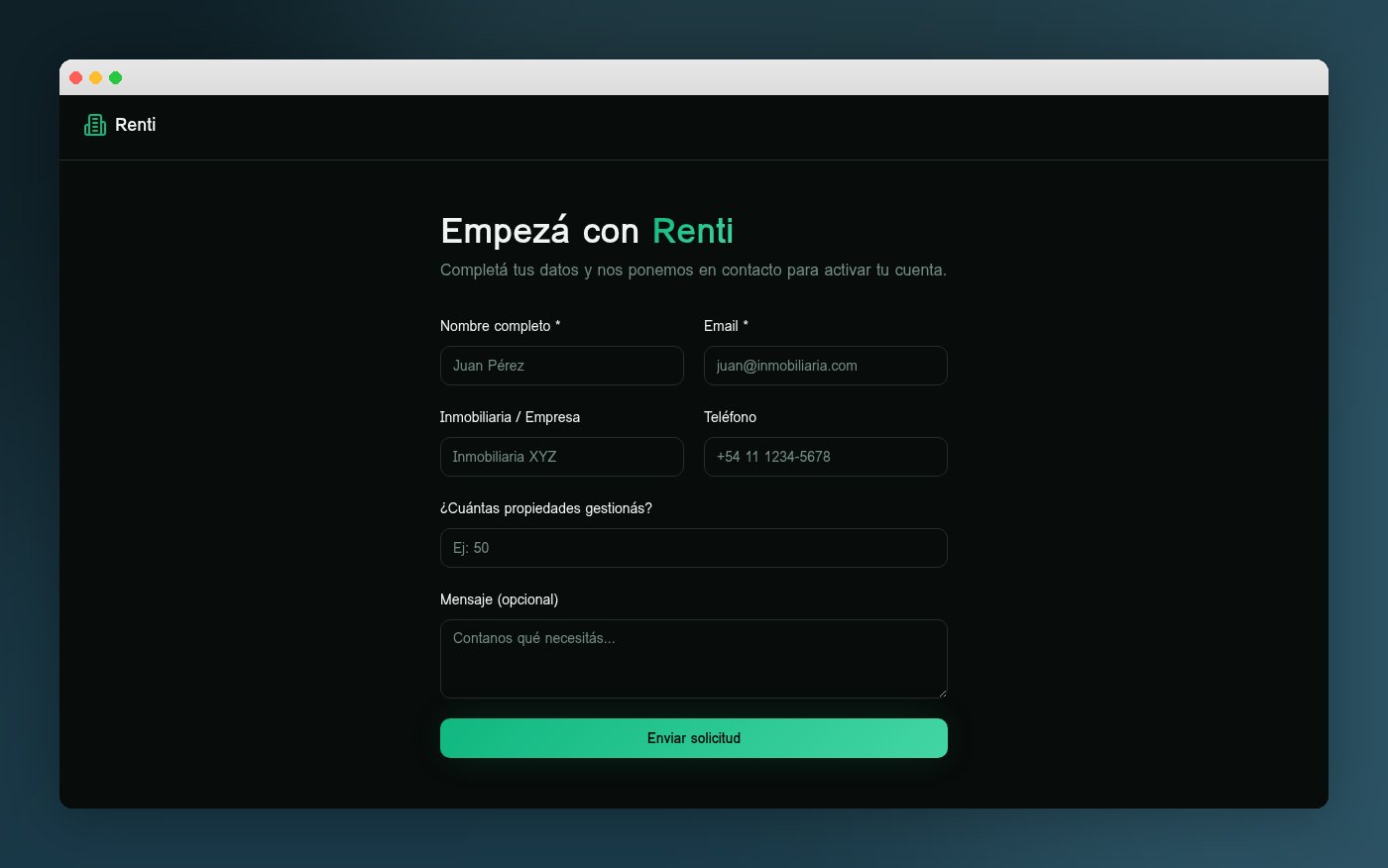 Formulario de registro en Renti