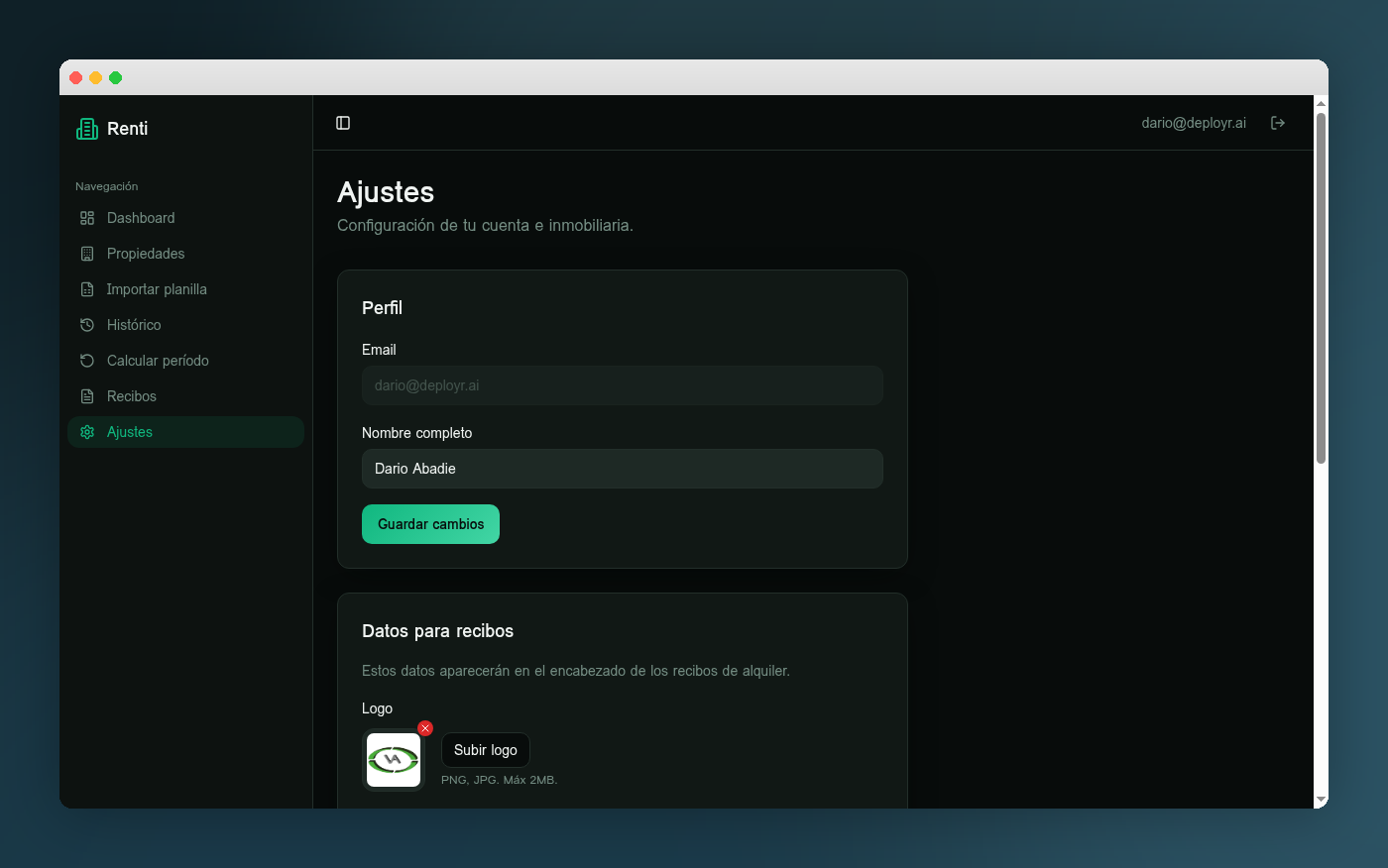 Configuración de ajustes en Renti